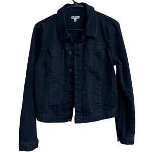L Calvin Klein Jeans black denim trucker jacket women EX stretch hidden buttons